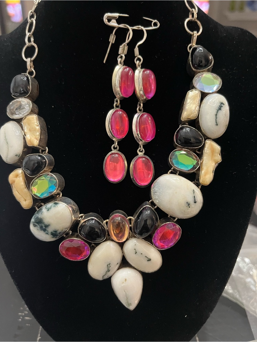 Statement Pink Gem and White Stone Necklace with Matching Earrings